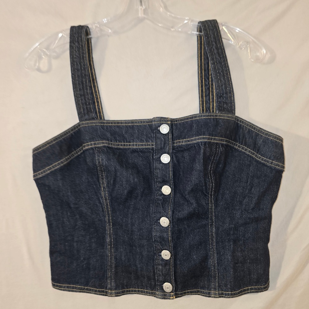 Levis Denim Bustier Top Large Womens Dark Wash Button Front Smocked A7614-0008
